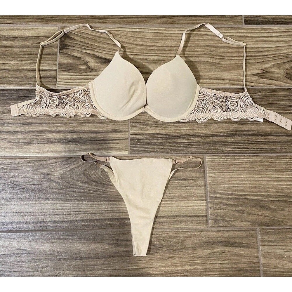VS Victoria’s Secret Very Sexy Bra Thong Set Y2K Beige tan 34 B Small